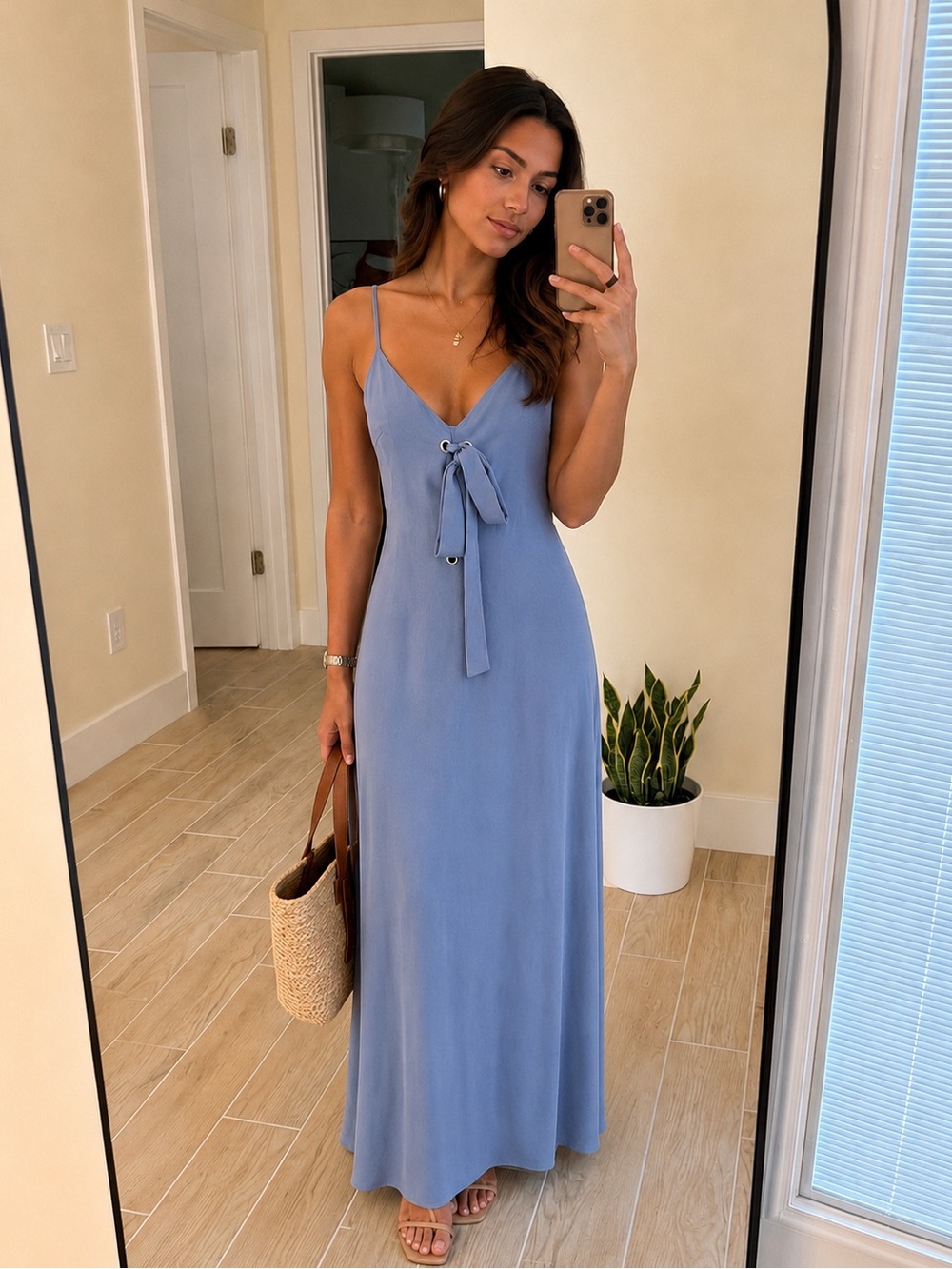 Forever 21 Dusty Blue Tie-Front Silky Slip Maxi Long Dress Small